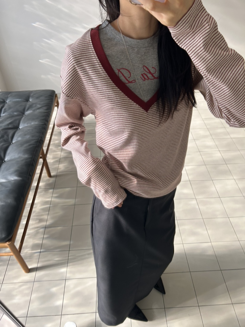 ME MO東大門直郵女士新品真品時尚人氣26春夏長袖T恤V領ME MO長袖T恤圖色3