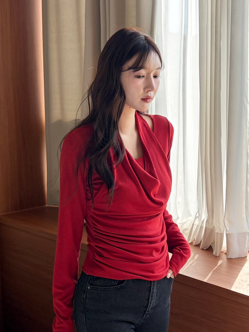 N BROWN東大門實拍女士新品推薦人氣休閑真品長袖T恤褶裥N BROWN長袖T恤