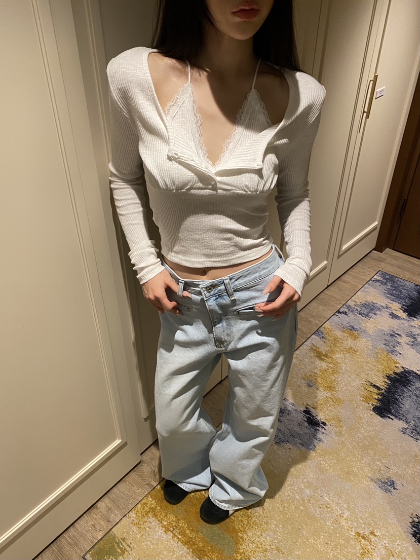 FOUREIGHT東大門實拍女士新品26春夏長袖T恤假兩件蕾絲雙層FOUR EIGHT長袖T恤