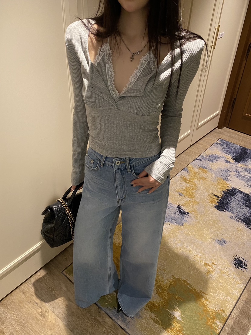 FOUREIGHT東大門實拍女士新品26春夏長袖T恤假兩件蕾絲雙層FOUR EIGHT長袖T恤