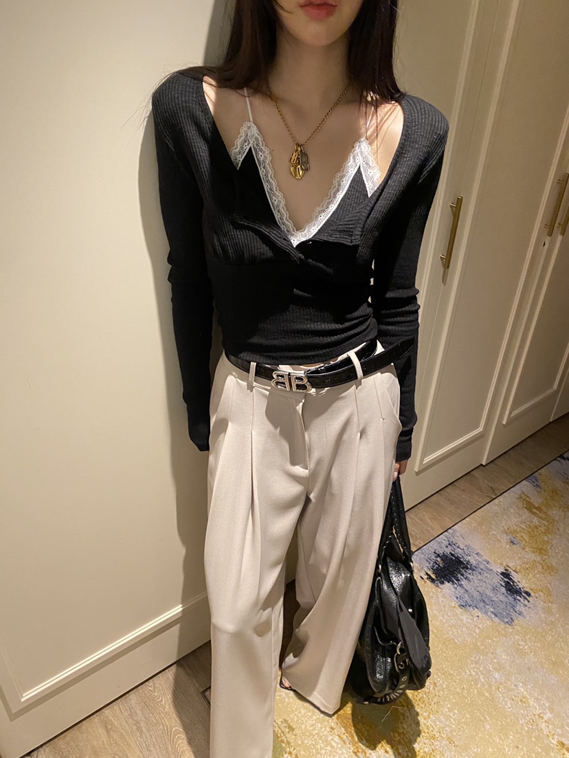 FOUREIGHT東大門實拍女士新品26春夏長袖T恤假兩件蕾絲雙層FOUR EIGHT長袖T恤