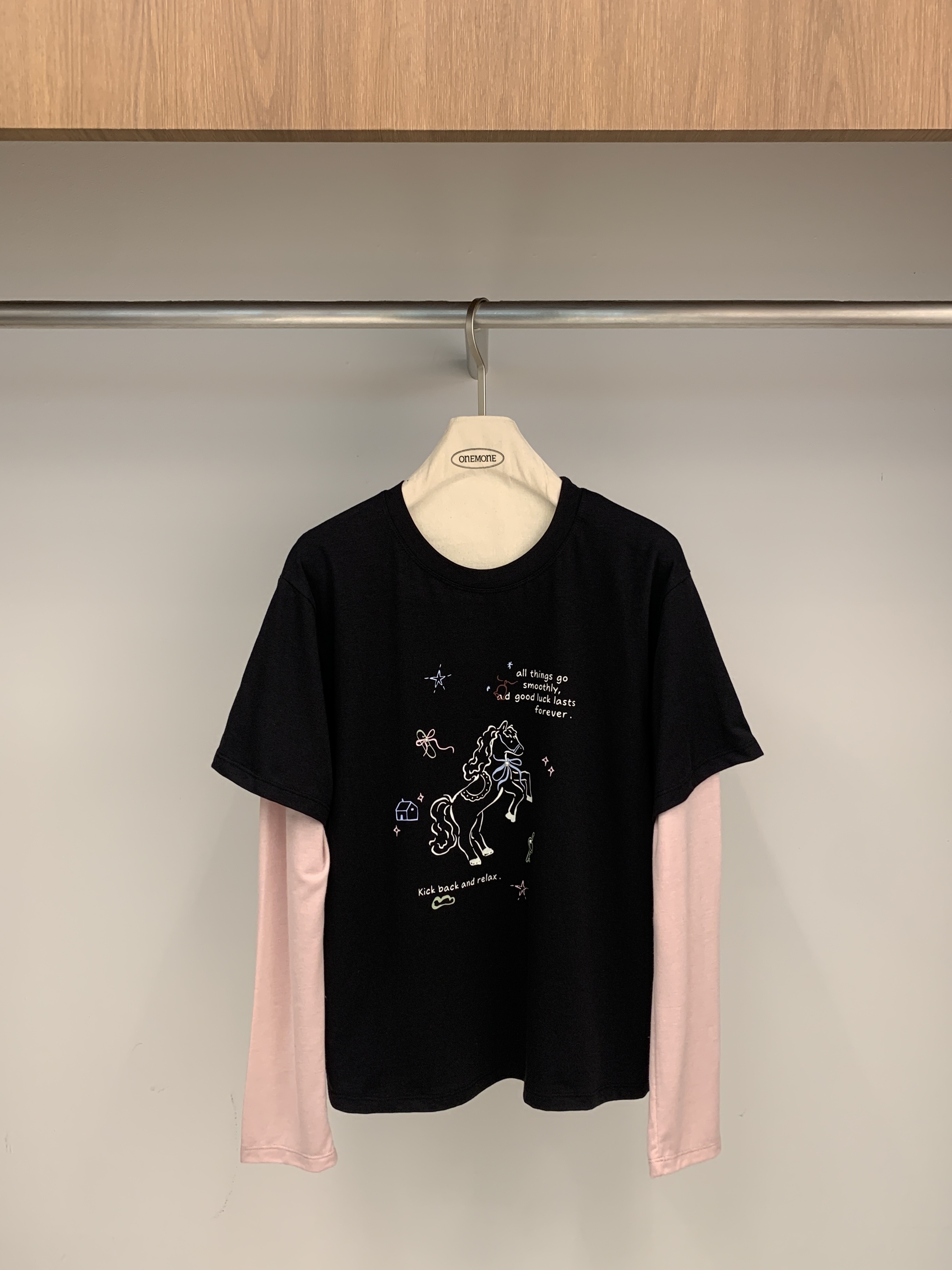 ONE MONE韓國代購女士新品職業人氣26春夏長袖T恤假兩件ONE MONE長袖T恤圖色2