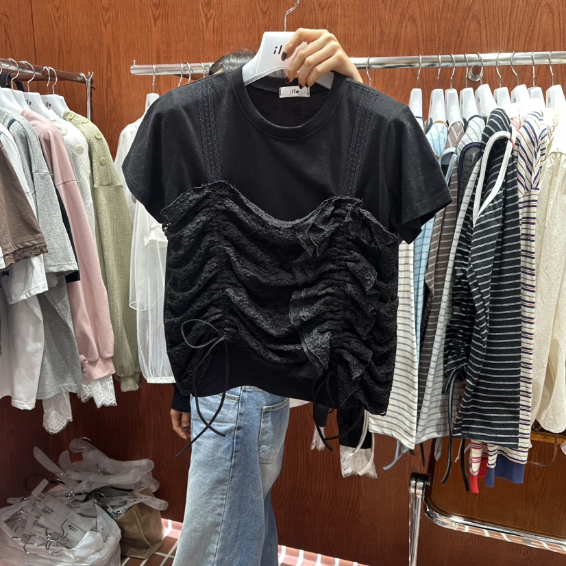 ILLO/MOCI東大門代購女士新品26春夏時尚T恤假兩件花朵褶皺ILLO/MOCIT恤圖色2