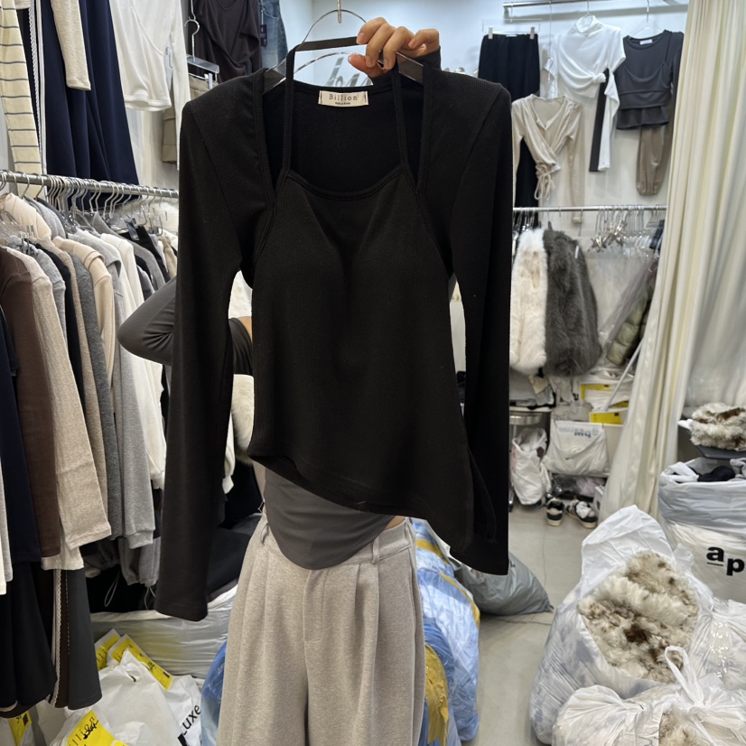 BILLION-L韓國直郵女士新款26春夏休閑真品長袖T恤假兩件BILLION-L長袖T恤圖色2黑色