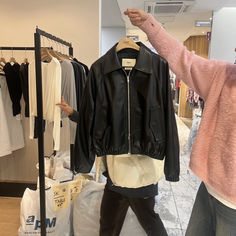 LA MAGIE FEMME韓國代購女士新款26春夏真品夾克皮革褶皺Lamagie Femme夾克圖色1