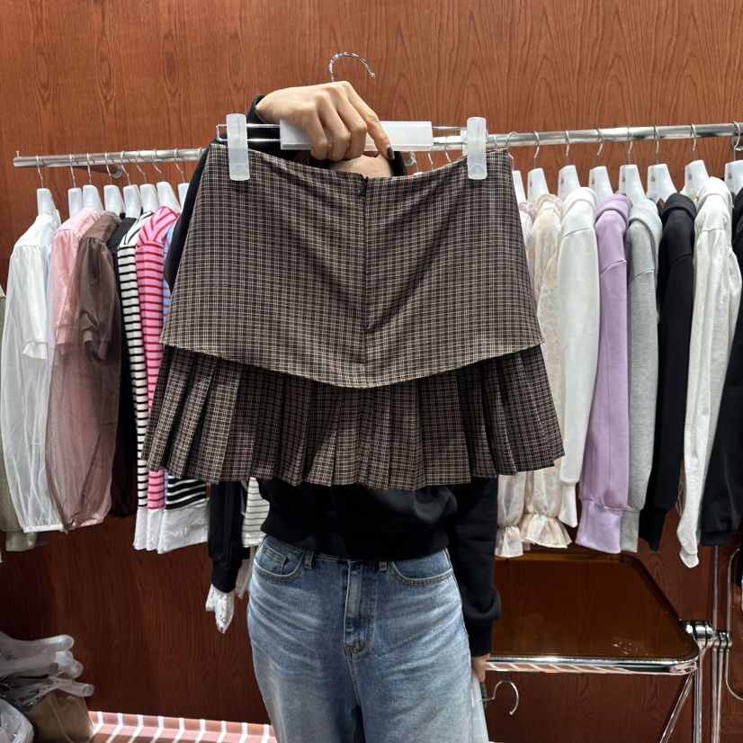 ILLO/MOCI東大門直郵女裝新款熱賣真品休閑短裙格紋褶皺ILLO/MOCI短裙