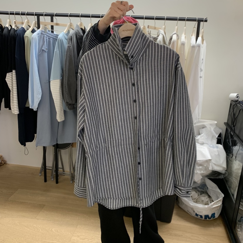SPAGHETTI東大門實拍女士新品推薦真品襯衫蕾絲衫高領條紋spaghetti襯衫/蕾絲衫圖色1