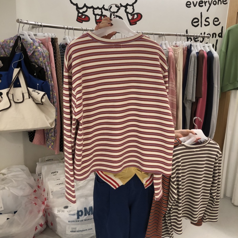 VENTI東大門直郵女士新品休閑職業人氣長袖T恤華夫格條紋VENTI長袖T恤