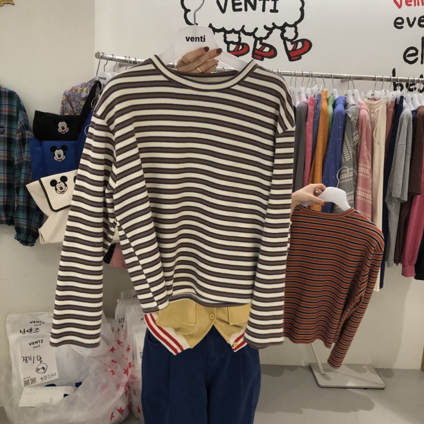 VENTI東大門直郵女士新品休閑職業人氣長袖T恤華夫格條紋VENTI長袖T恤圖色3