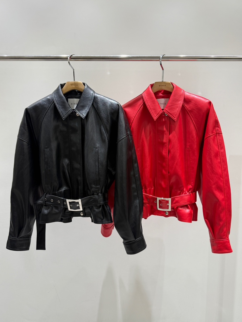 STAGE東大門實拍女士新款職業真品推薦人氣皮衣含腰帶皮革STAGE皮衣