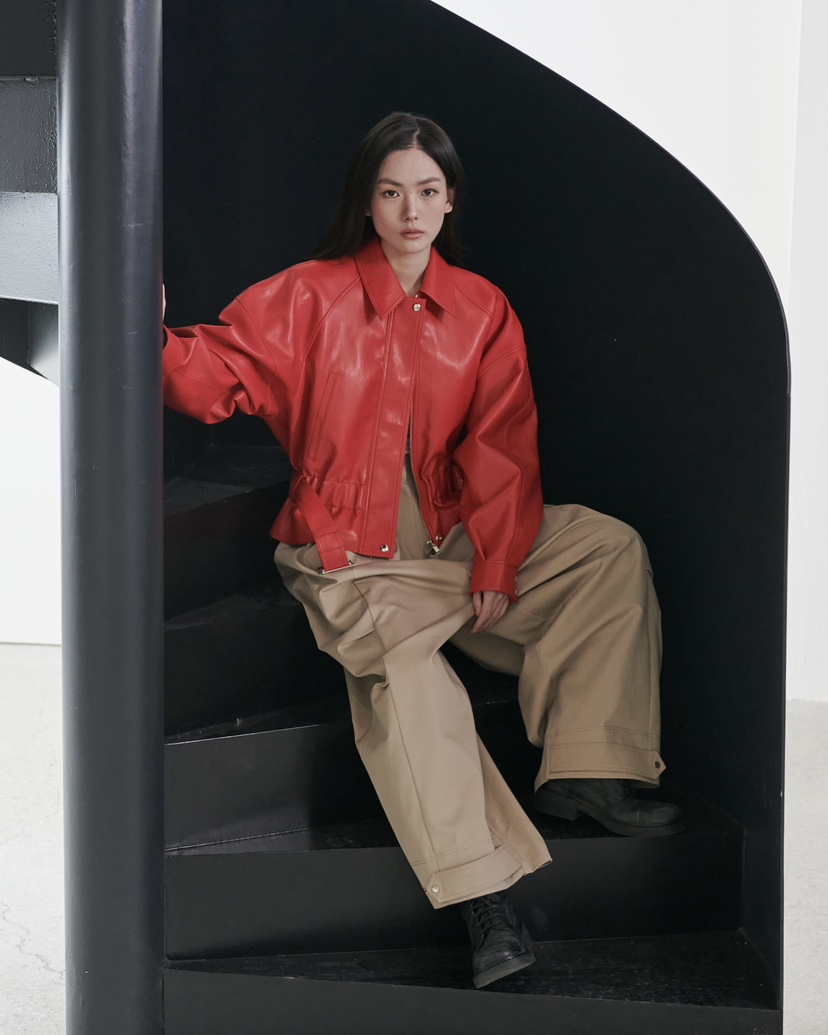 STAGE東大門實拍女士新款職業真品推薦人氣皮衣含腰帶皮革STAGE皮衣