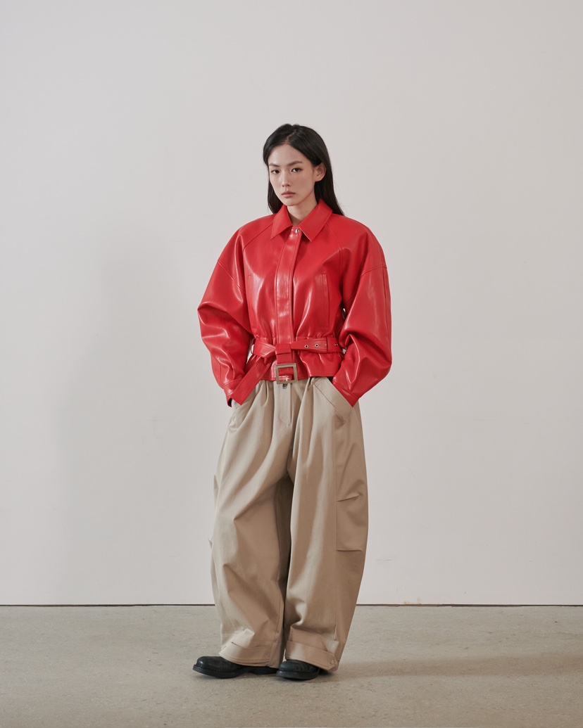 STAGE東大門實拍女士新款職業真品推薦人氣皮衣含腰帶皮革STAGE皮衣