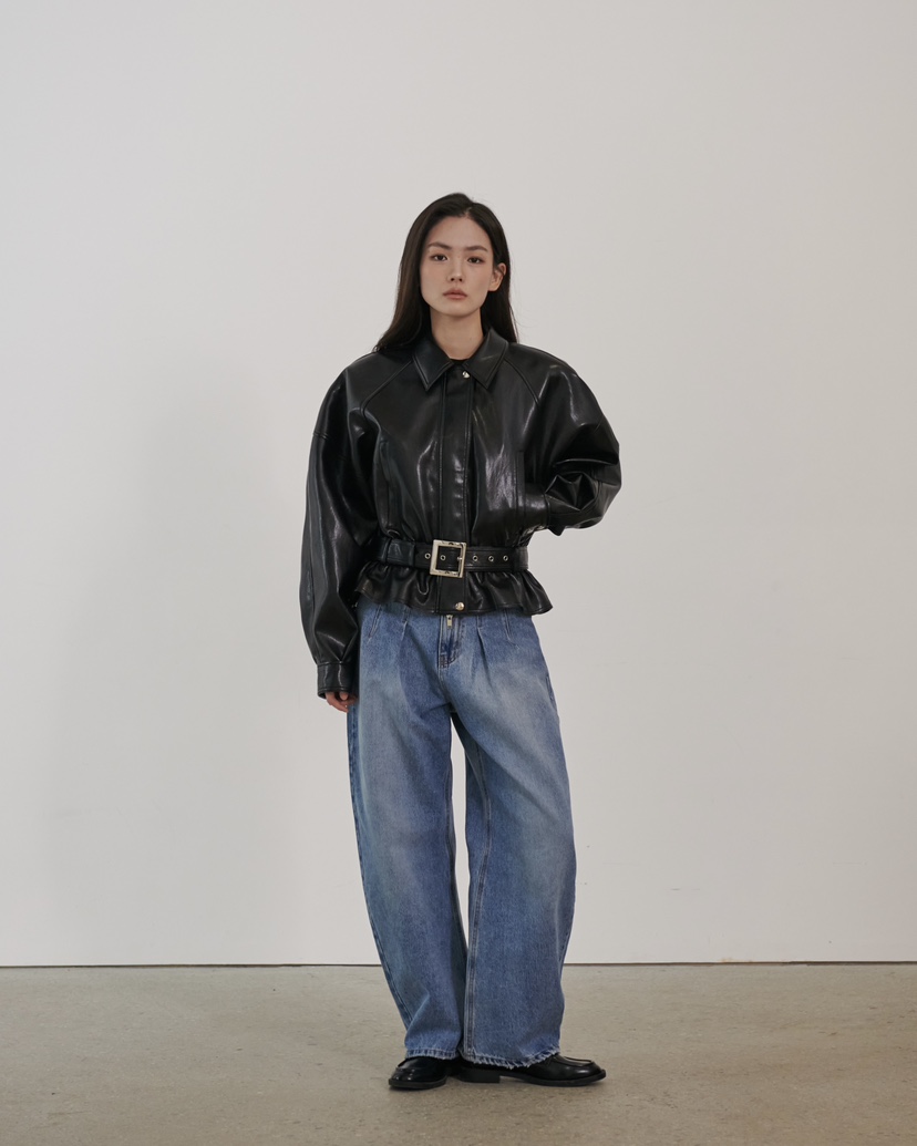 STAGE東大門實拍女士新款職業真品推薦人氣皮衣含腰帶皮革STAGE皮衣