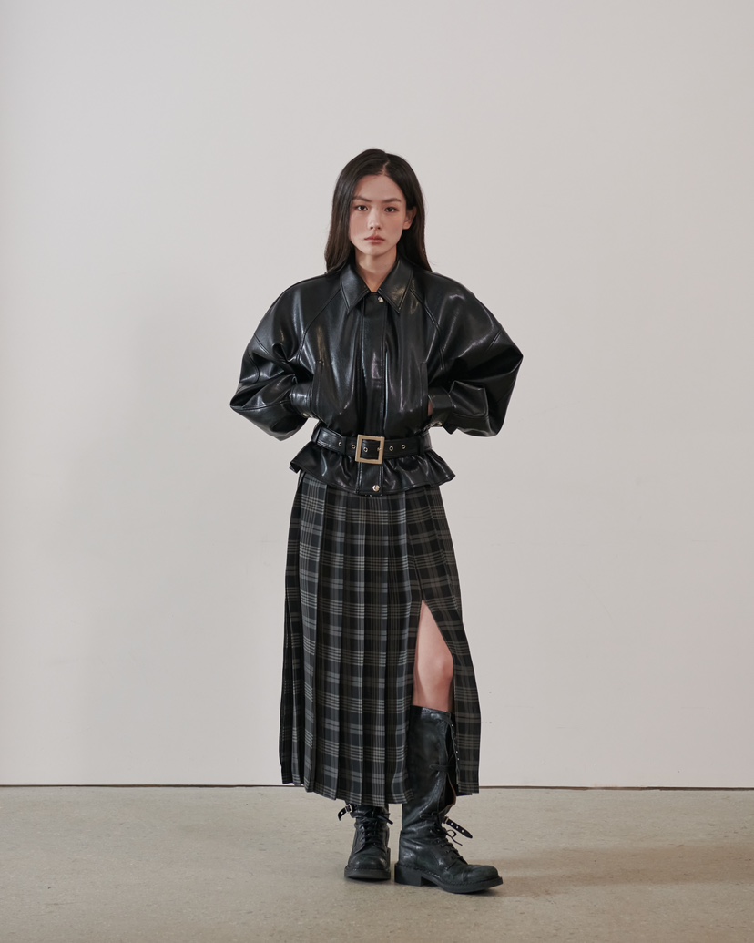 STAGE東大門實拍女士新款職業真品推薦人氣皮衣含腰帶皮革STAGE皮衣