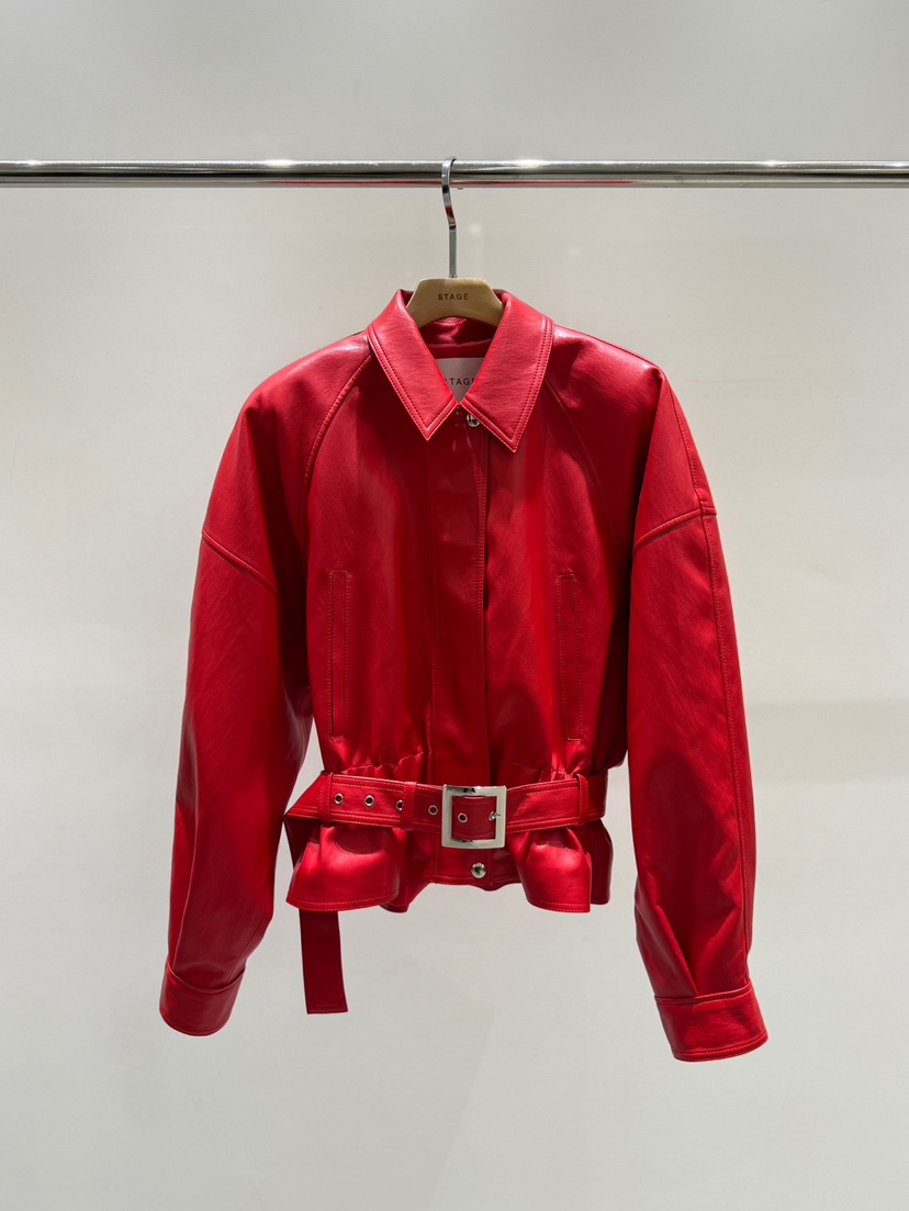 STAGE東大門實拍女士新款職業真品推薦人氣皮衣含腰帶皮革STAGE皮衣圖色1