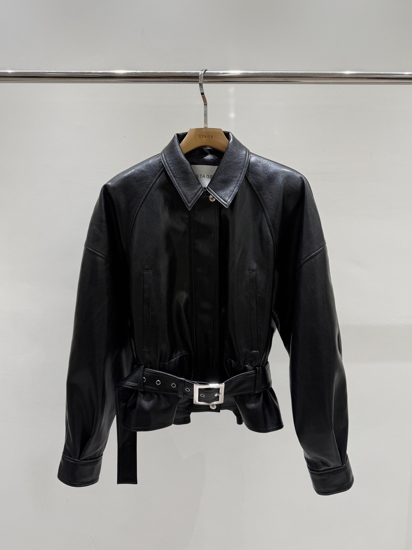 STAGE東大門實拍女士新款職業真品推薦人氣皮衣含腰帶皮革STAGE皮衣圖色2