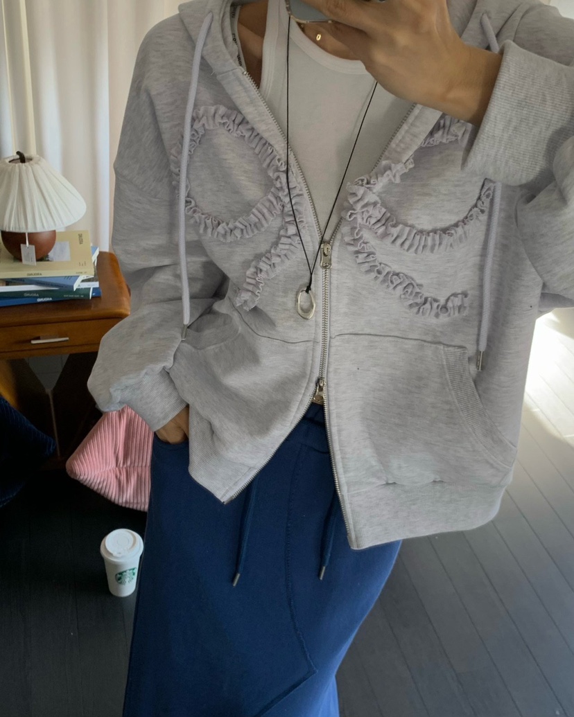 REVE CITE-L東大門代購女士新品休閑夾克連帽拉鏈衫荷葉邊REVE CITE-L夾克