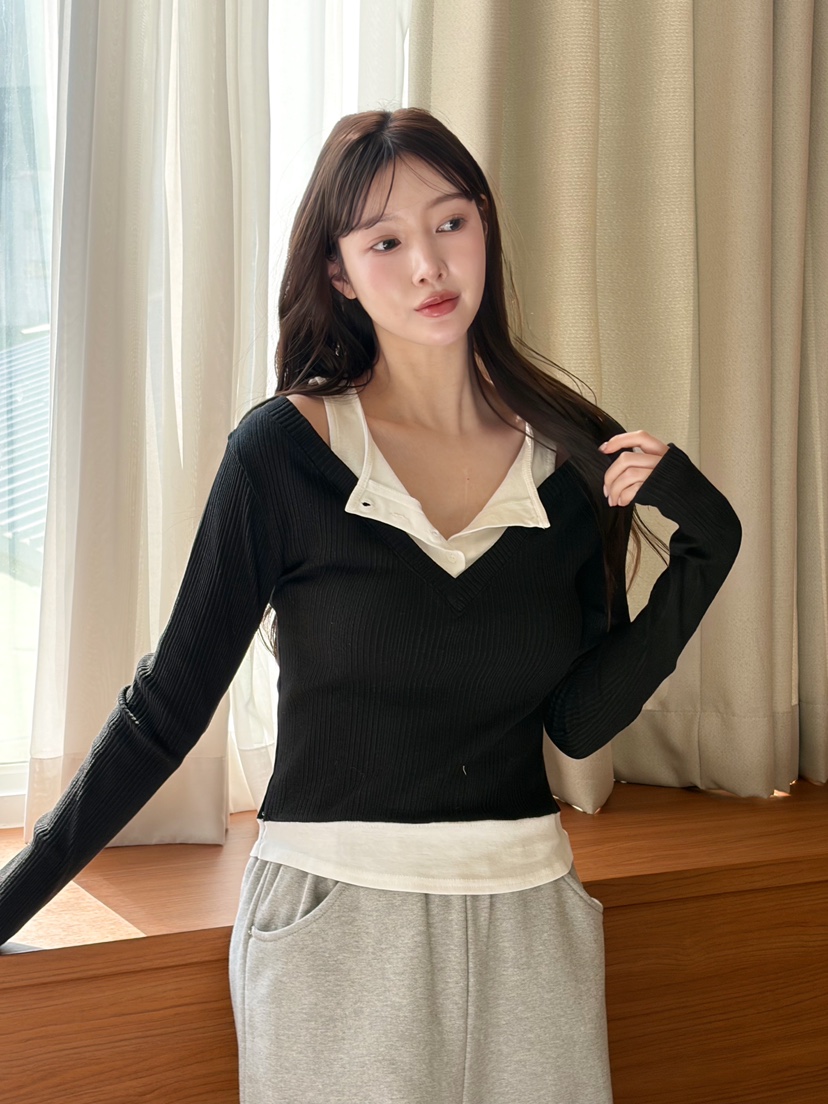 N BROWN東大門代購女士新款26春夏休閑推薦長袖T恤假兩件N BROWN長袖T恤