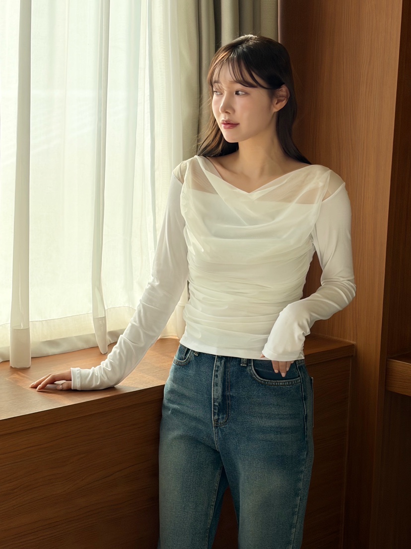 N BROWN東大門直郵女裝新品26春夏人氣推薦真品長袖T恤褶皺N BROWN長袖T恤