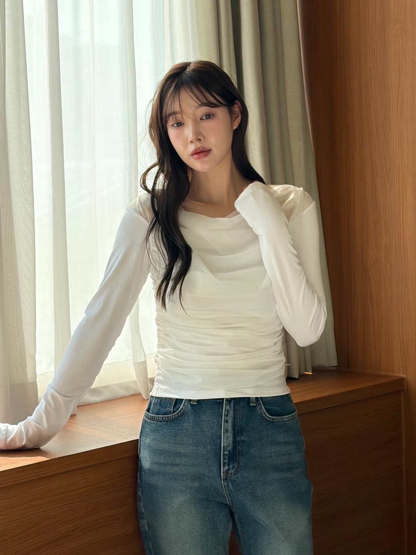 N BROWN東大門直郵女裝新品26春夏人氣推薦真品長袖T恤褶皺N BROWN長袖T恤