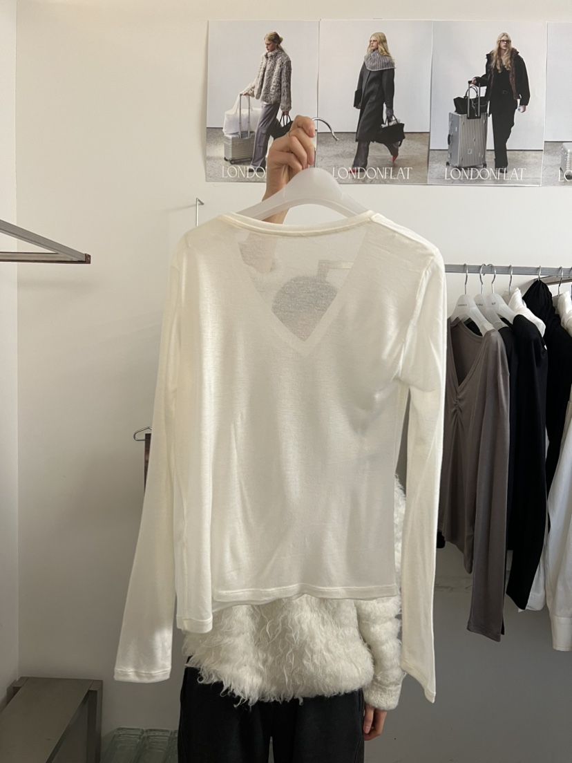 LONDON FLAT東大門代購女士新款真品26春夏長袖T恤V領褶皺LONDON FLAT長袖T恤