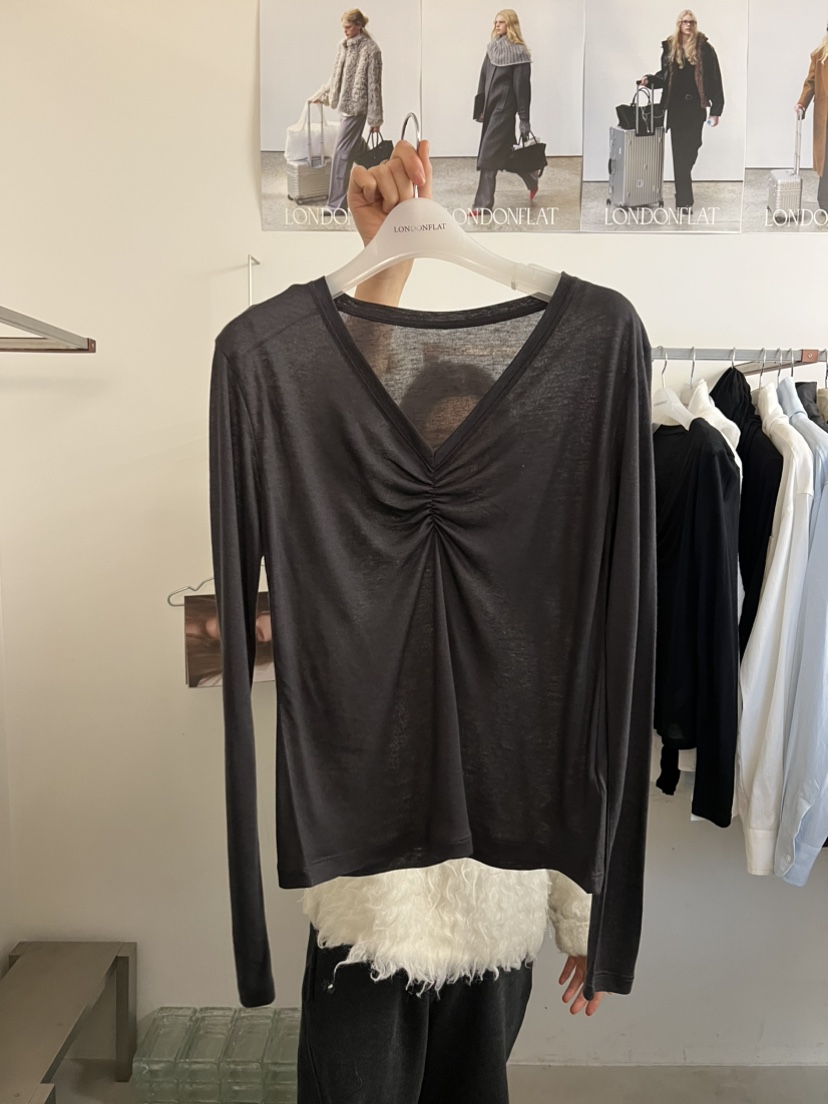 LONDON FLAT東大門代購女士新款真品26春夏長袖T恤V領褶皺LONDON FLAT長袖T恤圖色3