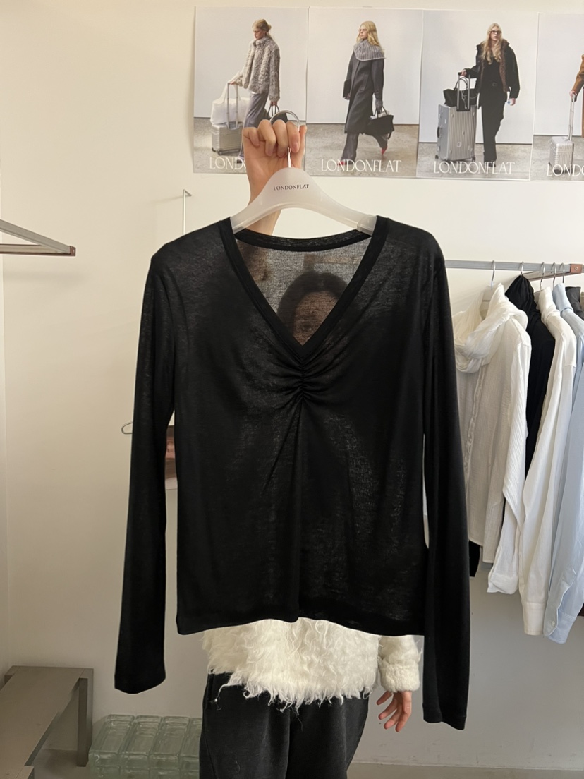 LONDON FLAT東大門代購女士新款真品26春夏長袖T恤V領褶皺LONDON FLAT長袖T恤圖色4