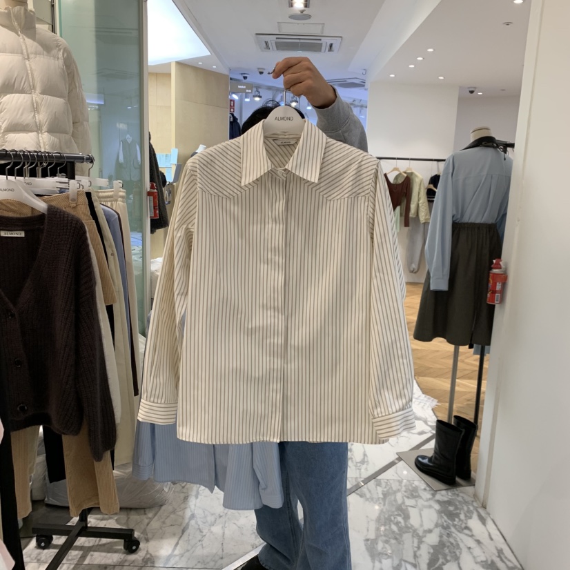 ALMOND韓國直郵女裝新品人氣休閑時尚職業襯衫蕾絲衫條紋ALMOND襯衫/蕾絲衫圖色1