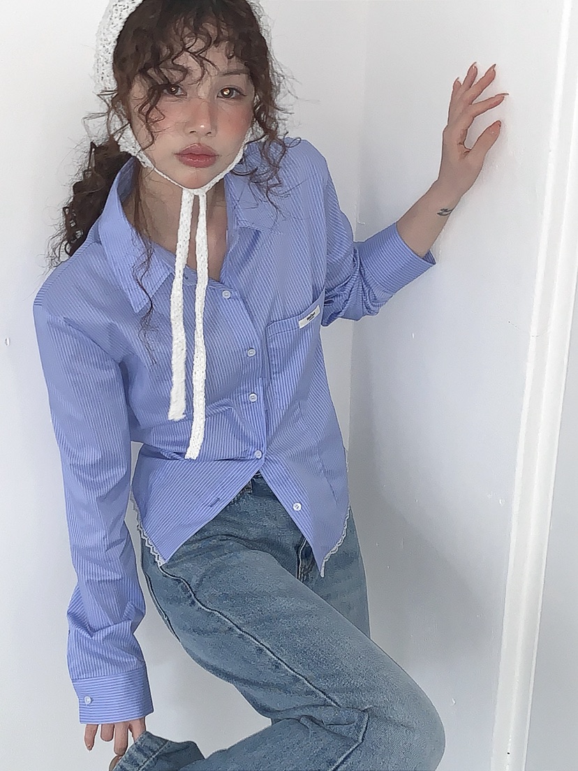 I MFACT韓國代購女士新品人氣時尚推薦襯衫蕾絲衫蕾絲條紋I MFACT襯衫/蕾絲衫