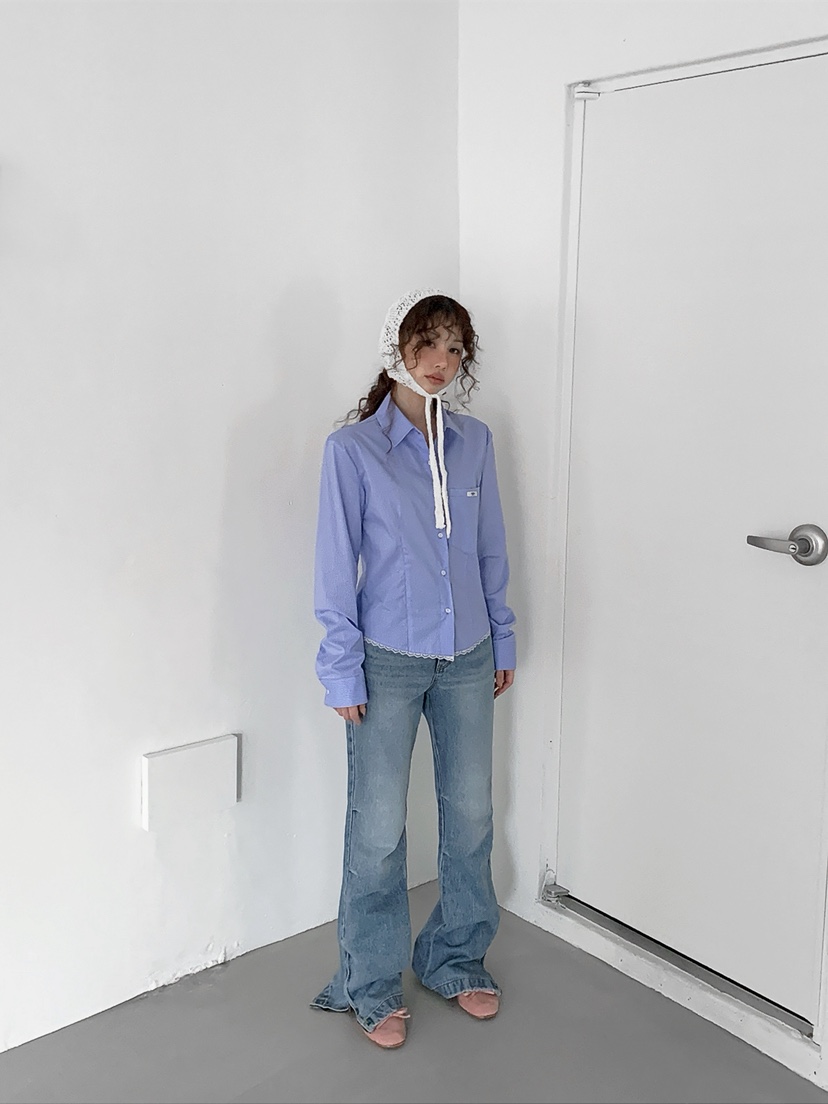 I MFACT韓國代購女士新品人氣時尚推薦襯衫蕾絲衫蕾絲條紋I MFACT襯衫/蕾絲衫