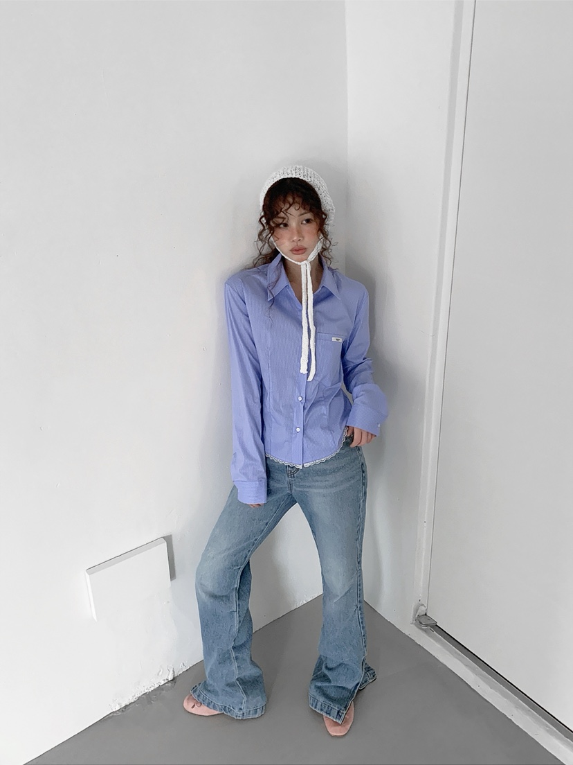 I MFACT韓國代購女士新品人氣時尚推薦襯衫蕾絲衫蕾絲條紋I MFACT襯衫/蕾絲衫