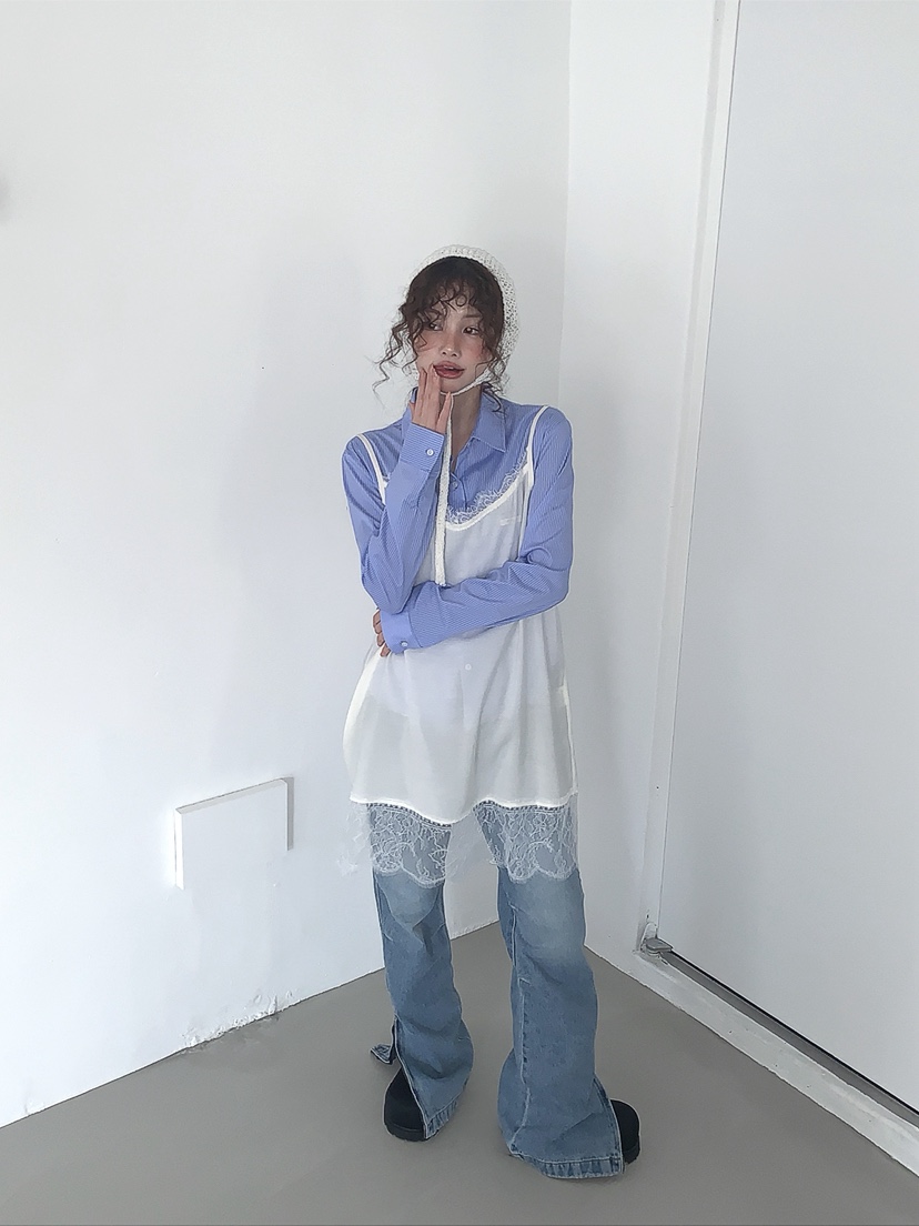 I MFACT韓國代購女士新品人氣時尚推薦襯衫蕾絲衫蕾絲條紋I MFACT襯衫/蕾絲衫