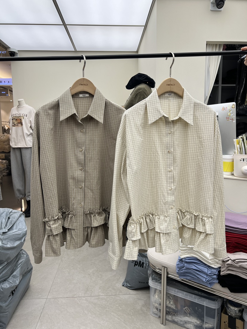 I MFACT東大門代購女士新品真品襯衫蕾絲衫不含腰帶荷葉邊格紋I MFACT襯衫/蕾絲衫