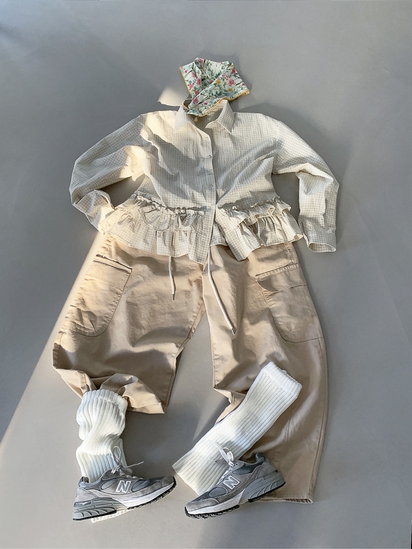 I MFACT東大門代購女士新品真品襯衫蕾絲衫不含腰帶荷葉邊格紋I MFACT襯衫/蕾絲衫