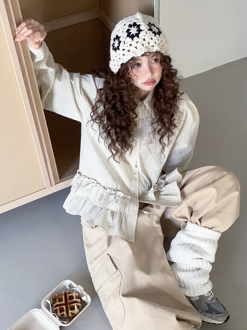 I MFACT東大門代購女士新品真品襯衫蕾絲衫不含腰帶荷葉邊格紋I MFACT襯衫/蕾絲衫