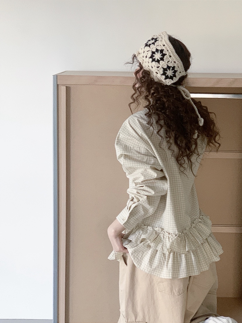 I MFACT東大門代購女士新品真品襯衫蕾絲衫不含腰帶荷葉邊格紋I MFACT襯衫/蕾絲衫