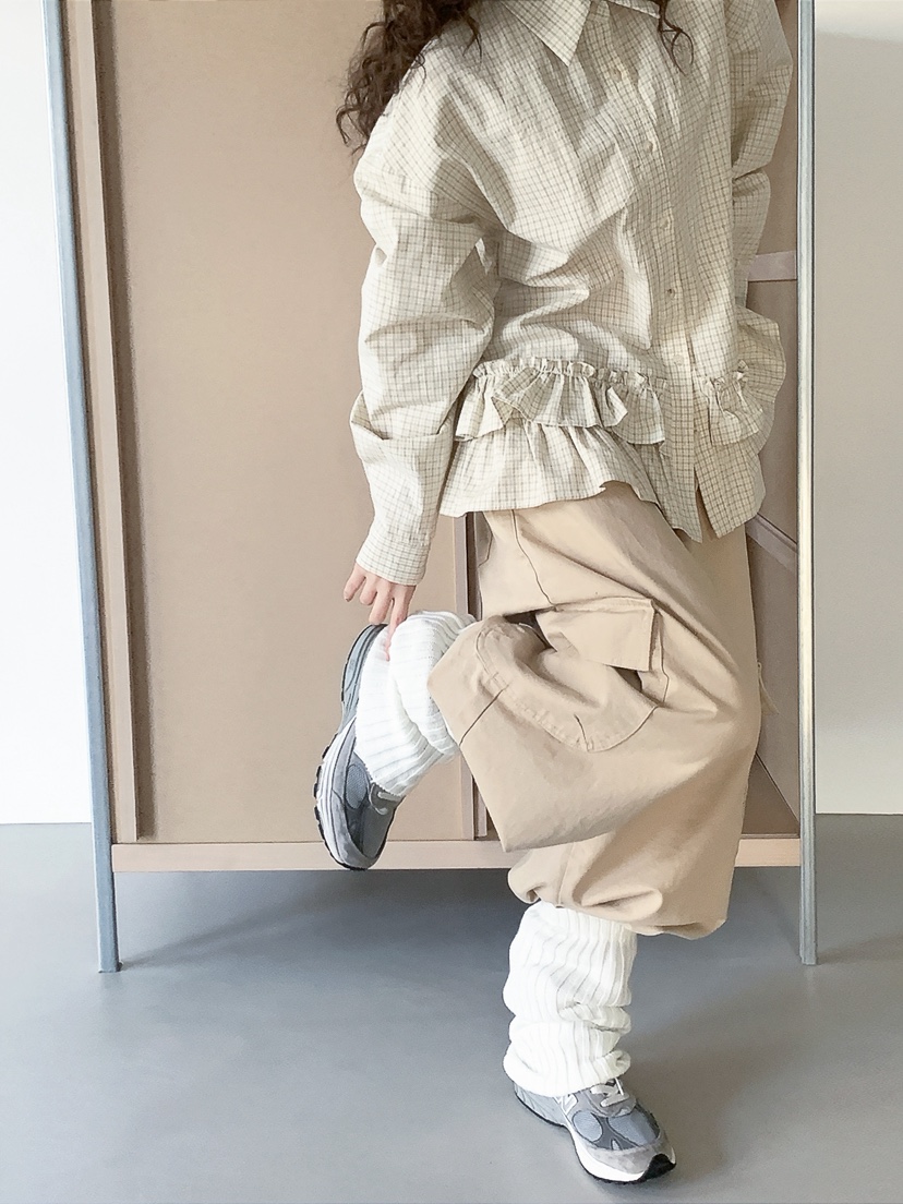 I MFACT東大門代購女士新品真品襯衫蕾絲衫不含腰帶荷葉邊格紋I MFACT襯衫/蕾絲衫