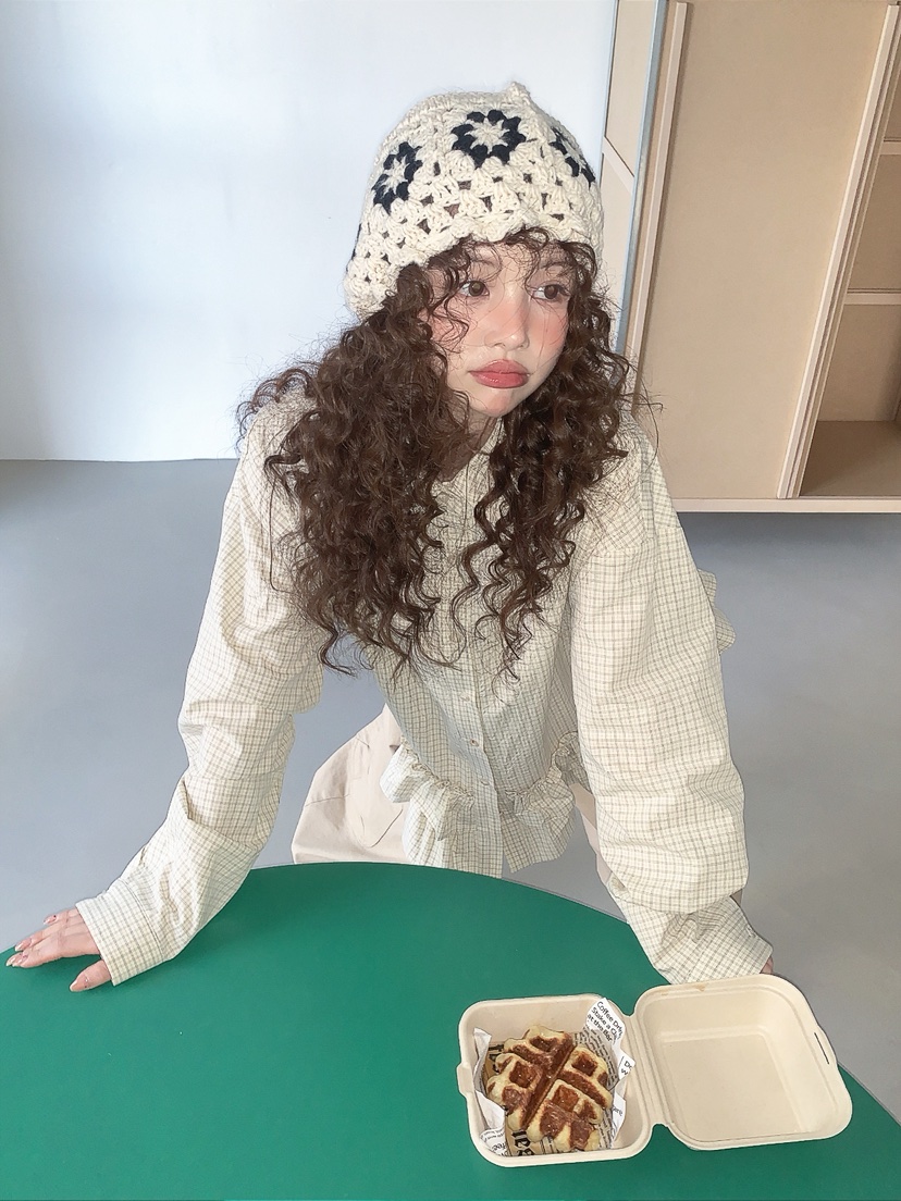 I MFACT東大門代購女士新品真品襯衫蕾絲衫不含腰帶荷葉邊格紋I MFACT襯衫/蕾絲衫