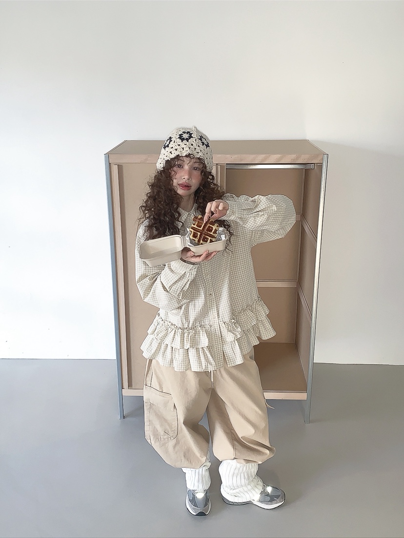 I MFACT東大門代購女士新品真品襯衫蕾絲衫不含腰帶荷葉邊格紋I MFACT襯衫/蕾絲衫