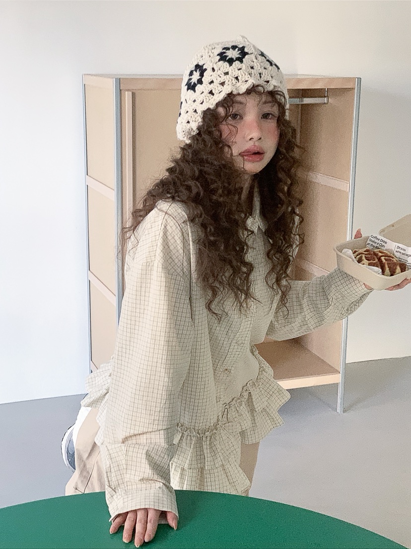 I MFACT東大門代購女士新品真品襯衫蕾絲衫不含腰帶荷葉邊格紋I MFACT襯衫/蕾絲衫