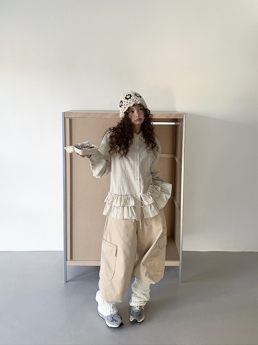 I MFACT東大門代購女士新品真品襯衫蕾絲衫不含腰帶荷葉邊格紋I MFACT襯衫/蕾絲衫