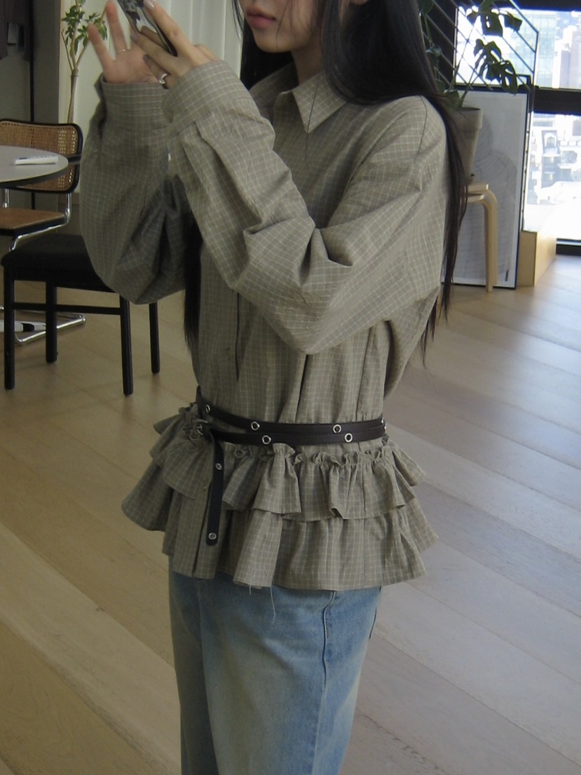 I MFACT東大門代購女士新品真品襯衫蕾絲衫不含腰帶荷葉邊格紋I MFACT襯衫/蕾絲衫