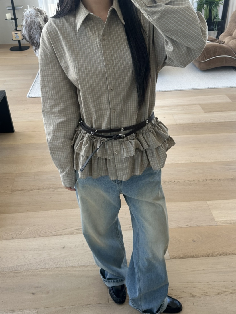 I MFACT東大門代購女士新品真品襯衫蕾絲衫不含腰帶荷葉邊格紋I MFACT襯衫/蕾絲衫