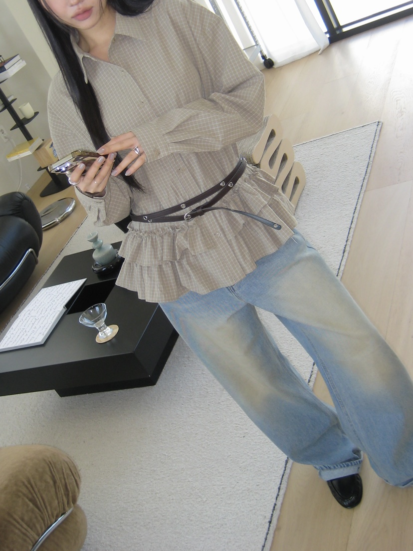 I MFACT東大門代購女士新品真品襯衫蕾絲衫不含腰帶荷葉邊格紋I MFACT襯衫/蕾絲衫圖色2