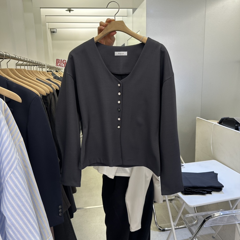 AMON東大門直郵女士新款休閑熱賣職業襯衫蕾絲衫泡泡袖開衫AMON襯衫/蕾絲衫圖色2墨色