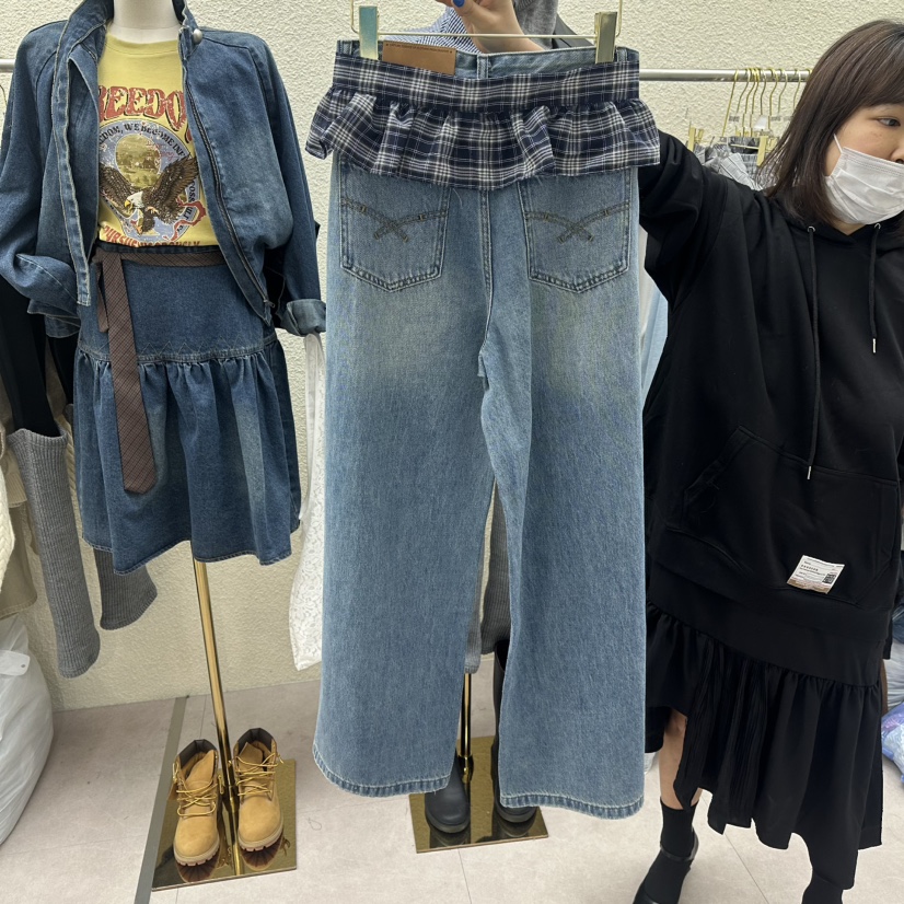 DRAWING東大門直郵女裝新品時尚熱賣職業牛仔褲荷葉邊格紋DRAWING牛仔褲