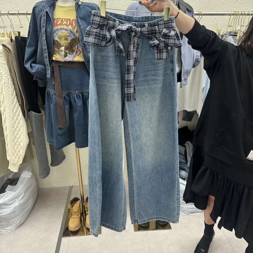 DRAWING東大門直郵女裝新品時尚熱賣職業牛仔褲荷葉邊格紋DRAWING牛仔褲圖色1