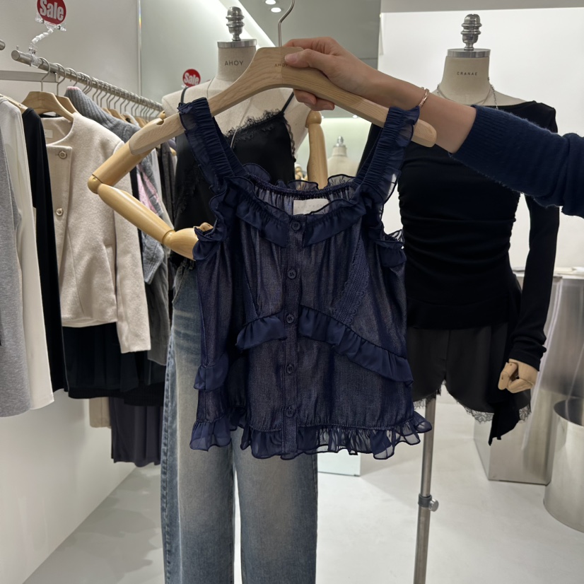 AHOY東大門代購女士新品熱賣人氣職業吊帶背心荷葉邊蕾絲AHOY吊帶/背心圖色2深藍色