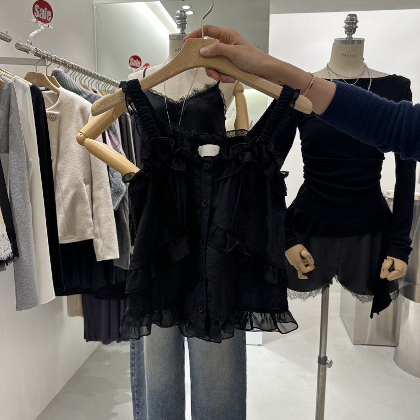 AHOY東大門代購女士新品熱賣人氣職業吊帶背心荷葉邊蕾絲AHOY吊帶/背心圖色3黑色