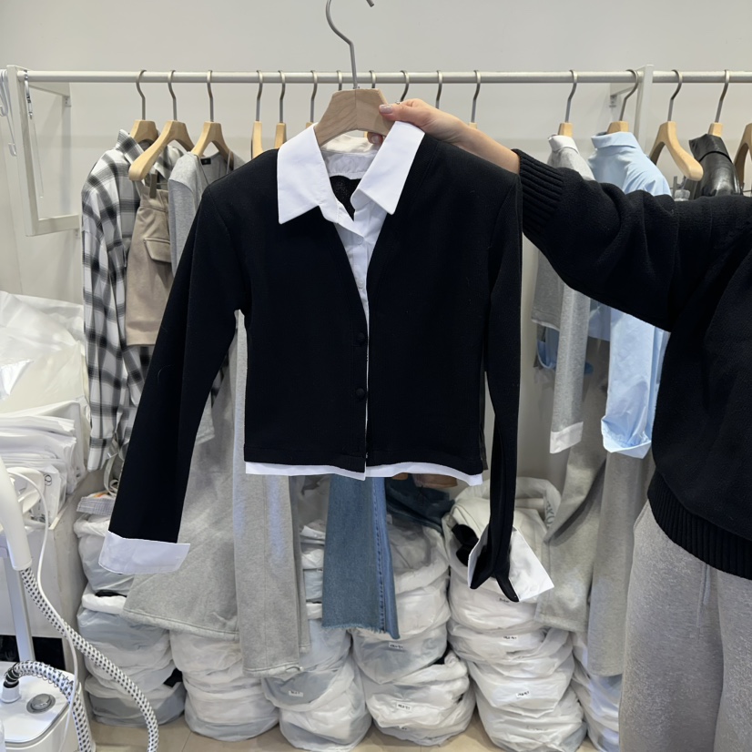 Q C東大門代購女士新款職業時尚熱賣26春夏長袖T恤假兩件開衫Republlc of qc長袖T恤圖色2